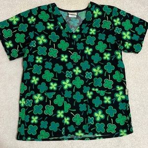 St Patrick’s Day Scrub Top with four leaf clovers shamrocks
